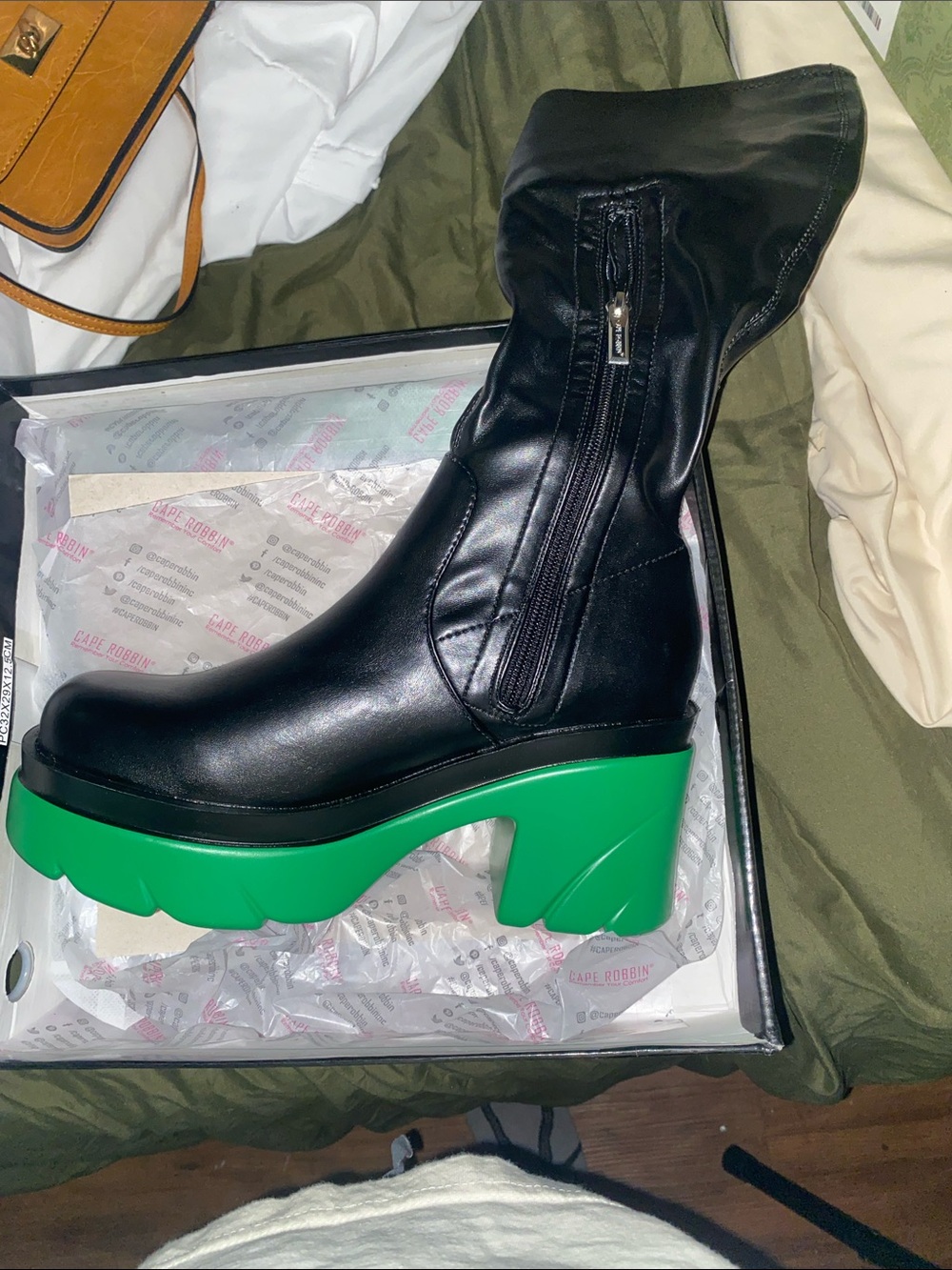 Cape Robbin Black Ankle Boots with Green Platform Heel